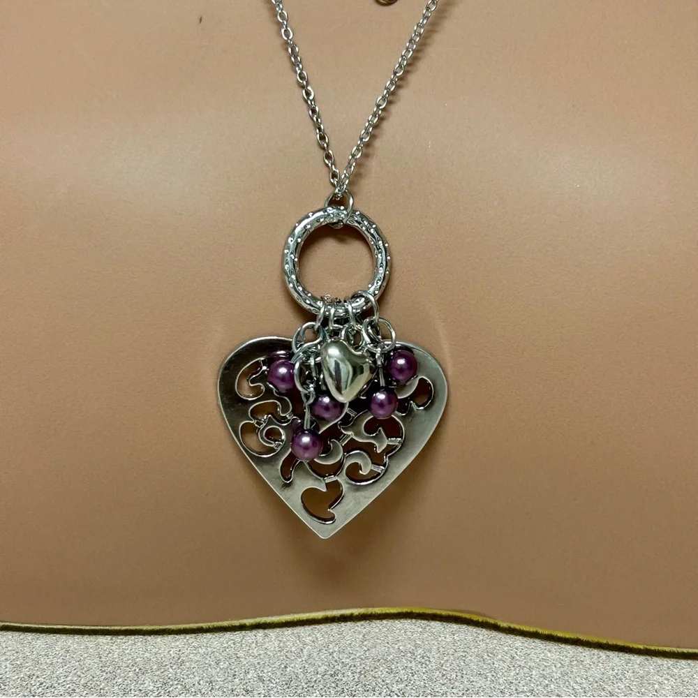 Long Silver and Purple Bead Accent Heart Pendant Necklace